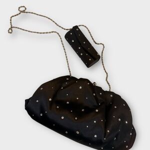 Franchi Black Satin Crystal Evening Bag with Chain & Matching Lipstick Case